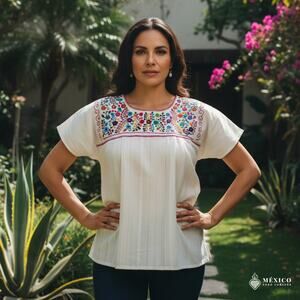 Mexican Embroidered Blouse Handmade Otomi Floral  Animals Design Large 28 x 23in